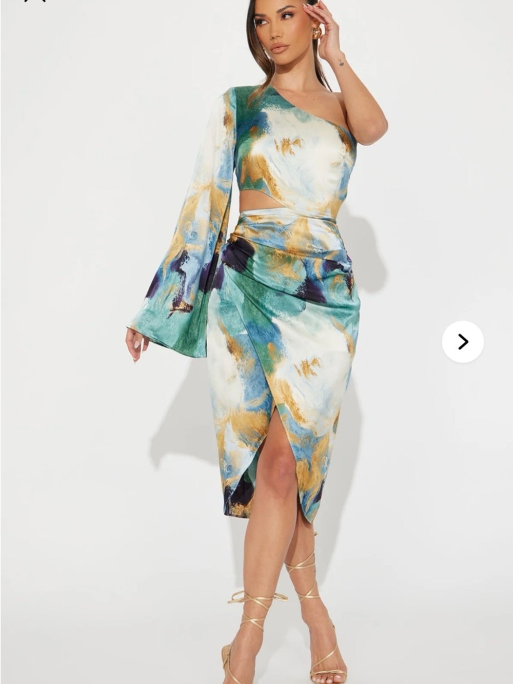 One-Shoulder Abstract Print Midi Dress in Teal & Gold